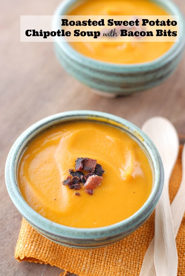 Roasted Sweet Potato Chipotle Soup with Bacon Bits