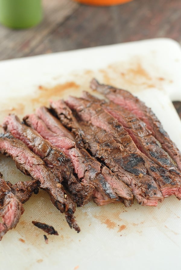 Sliced Skirt Steak on cutting board