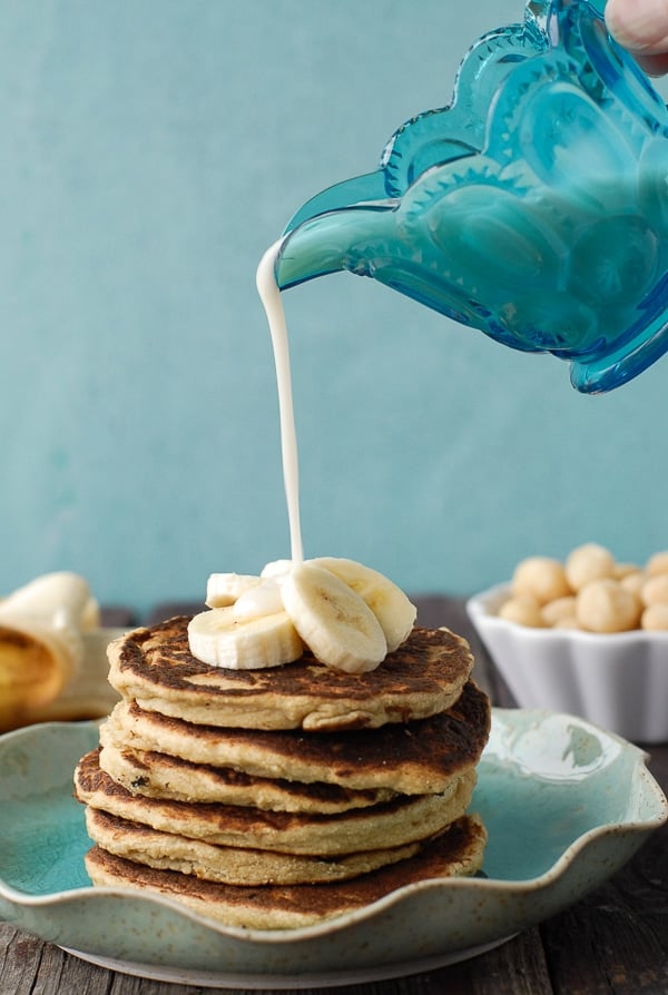 Banana-Macadamia Nut Pancakes with Coconut Syrup 
