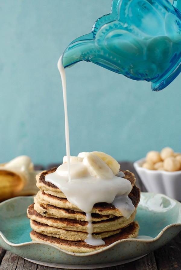 Banana-Macadamia Nut Pancakes with Coconut Syrup 