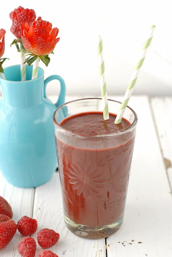 Berry Smoothie with striped straws and Strawberry Roses 