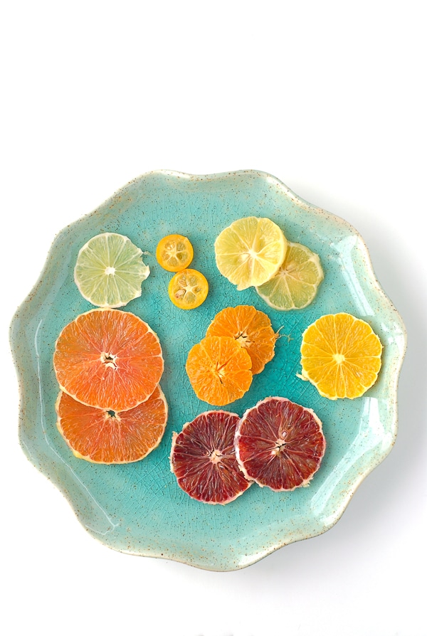 Blue plate of Winter Citrus slices 