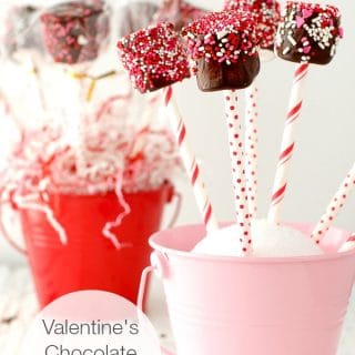 Valentine's Chocolate Marshmallow Pops in a pink bucket