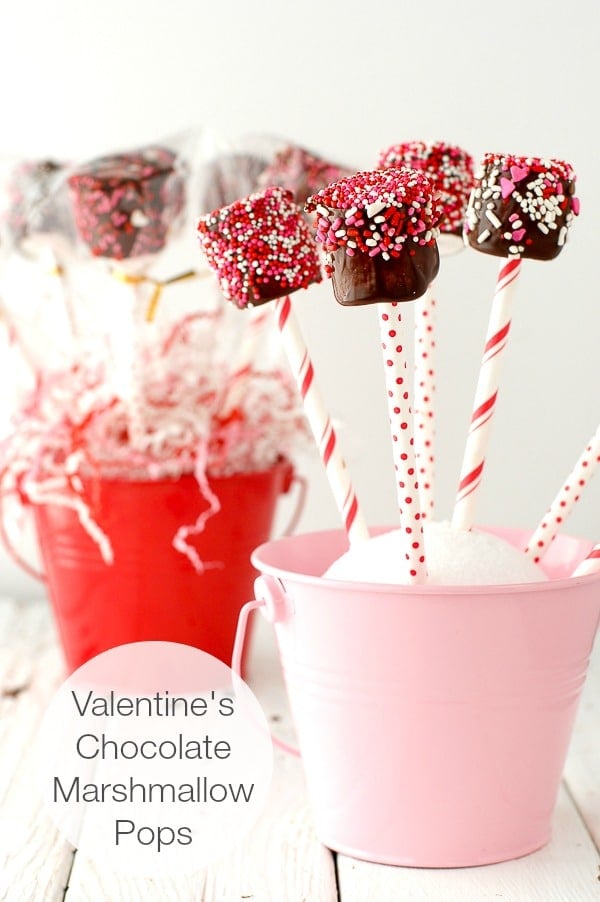 Valentine's Chocolate Marshmallow Pops in a pink bucket