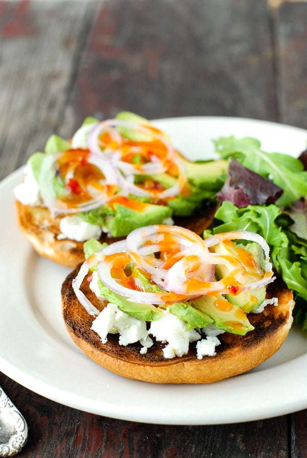 Sweet Chili Avocado Bagel Bruschetta close up