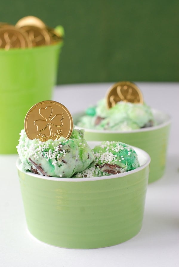 Leprechuan Tracks Ice Cream in green bowl