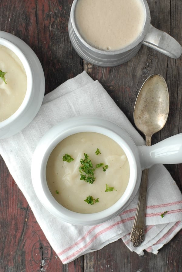 Irish Potato Soup in a white soup crock