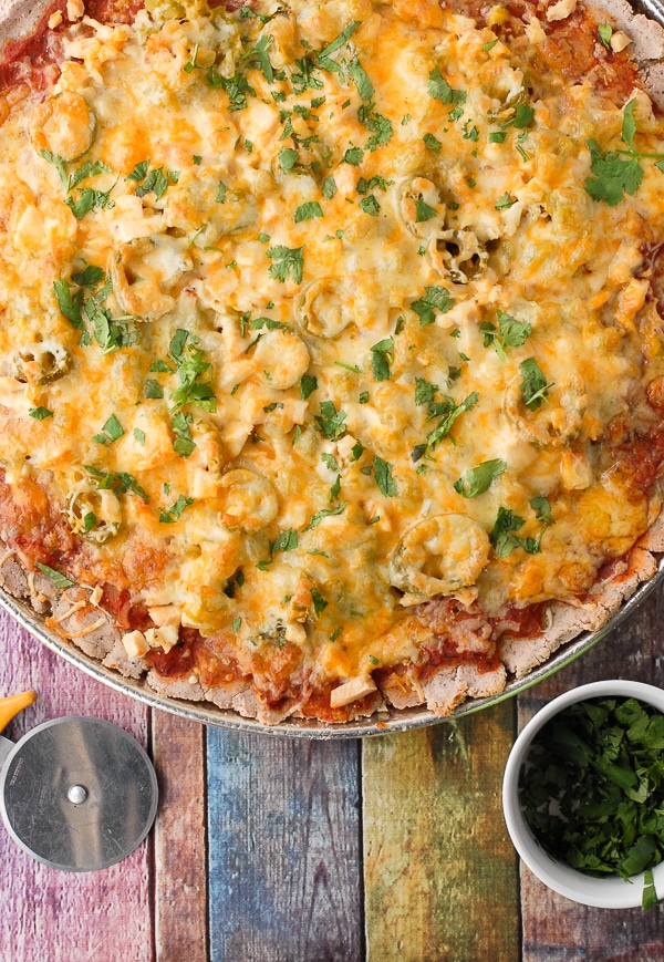 Gluten-Free Blue Corn Southwestern Nachos Pizza close up