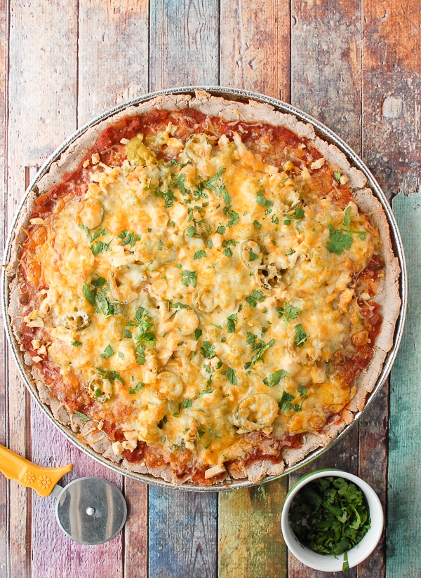 Gluten-Free Blue Corn Southwestern Nachos Pizza from above