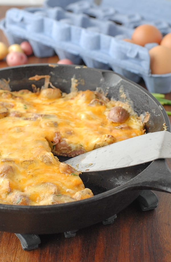 Smoky Ham Cheese Potato Frittata 
In skillet