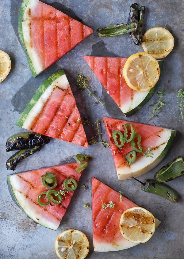 Grilled Watermelon wedges, Smoked Salt and charred jalapenos