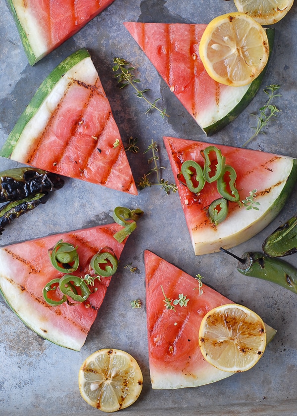 Grilled Watermelon, Smoked Salt and charred jalapenos with lemon slices