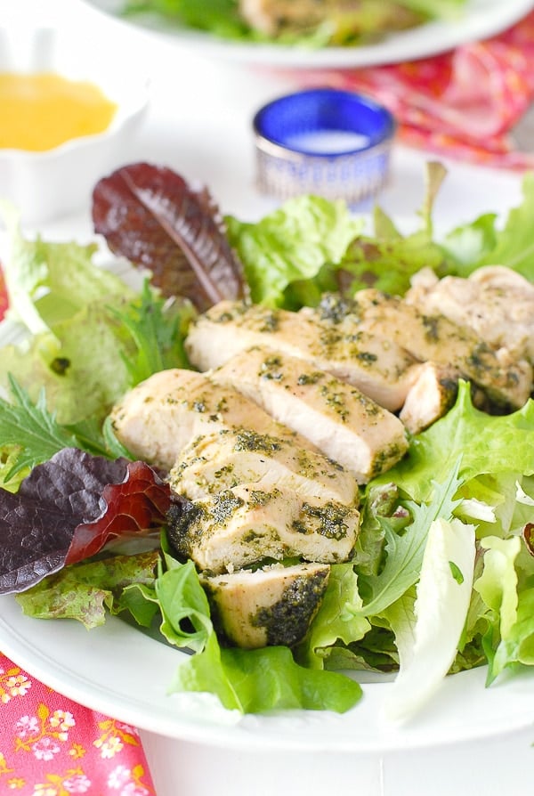 white plate of Tarragon Pesto Chicken Breast with dressed greens