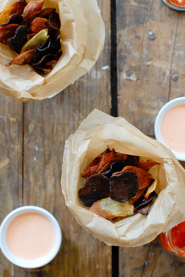  hot spicy multi-colored fingerling Baked Smoked Paprika Potato Chips with Sriracha Sour Cream Dipping Sauce