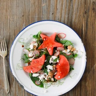 Pea Shoot Watermelon Goat Cheese Salad with Balsamic Drizzle - BoulderLocavore.com