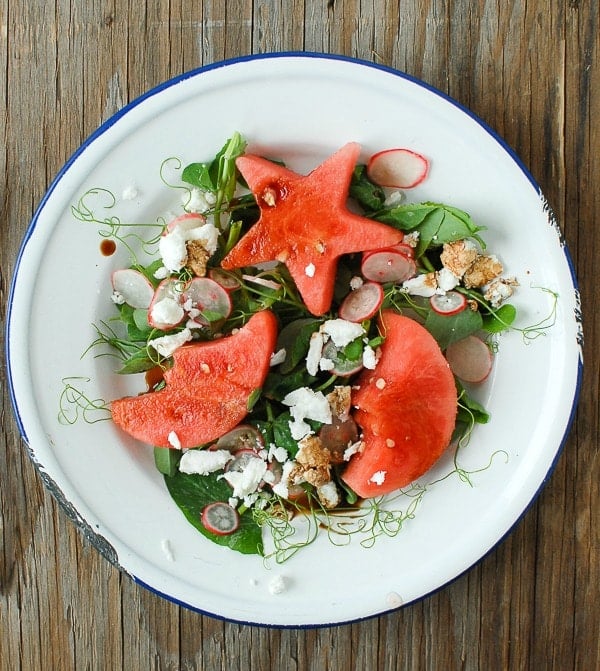 Pea Shoot Watermelon Goat Cheese Salad with Balsamic Drizzle 
