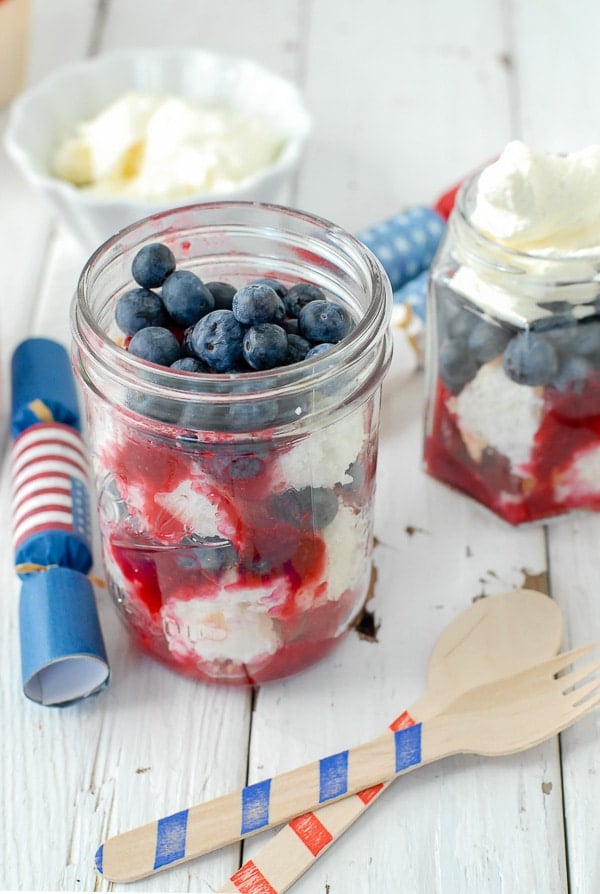 4th of July desserts: Red White and Blue trfiles with blueberries and striped spoons