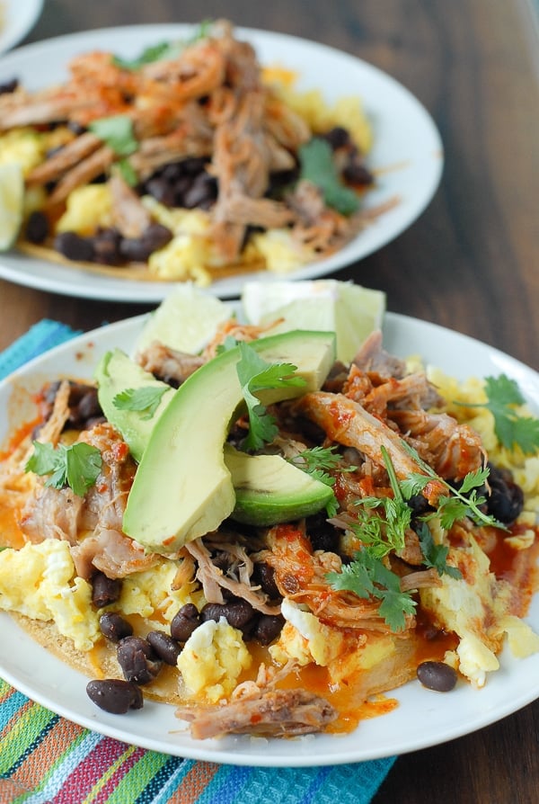 Spicy Shredded Pork Breakfast Tostadas close up