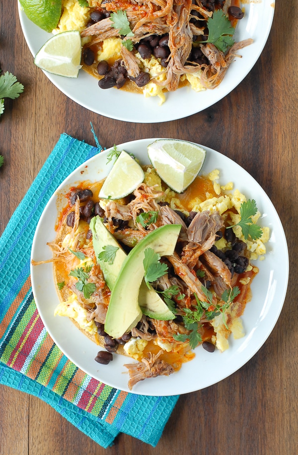 Spicy Shredded Pork Breakfast Tostadas With avocado