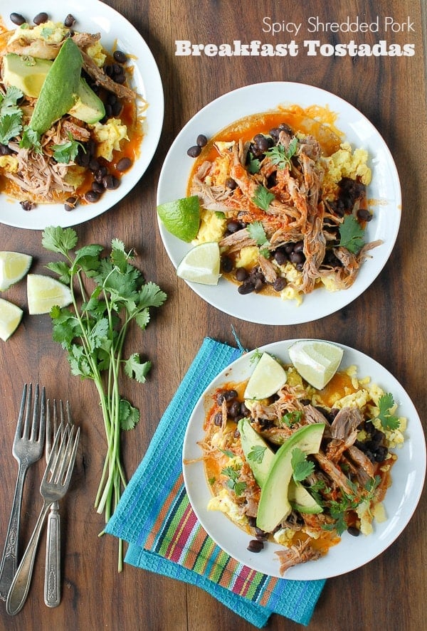 Spicy Shredded Pork Breakfast Tostadas