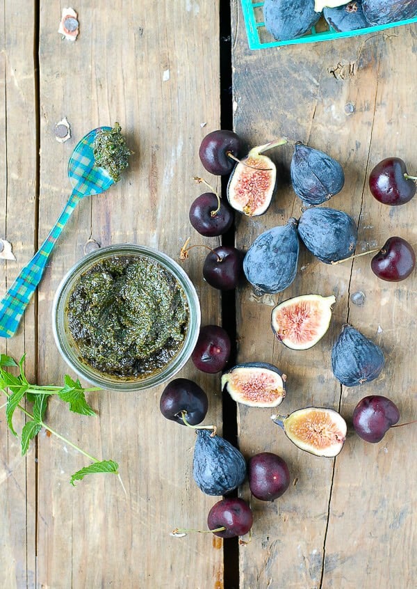 Homemade Sweet Mint Pesto -with cherries and figs