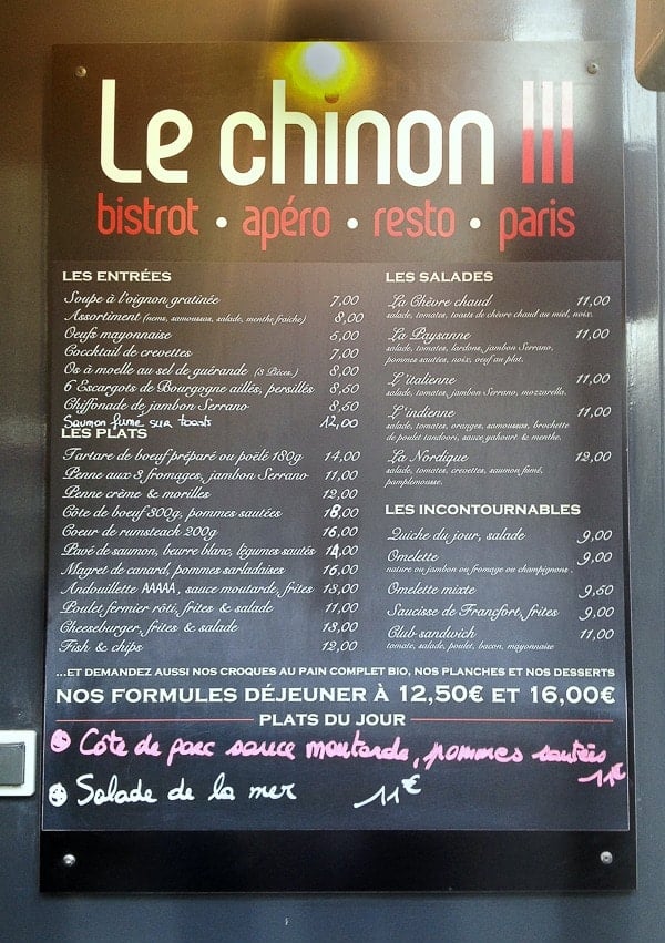 Le Chinon 3 Paris Marais menu 