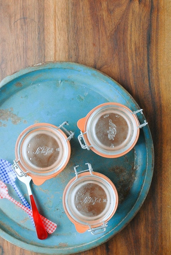 Le Parfait jars of Mousse au Chocolat in blue tray