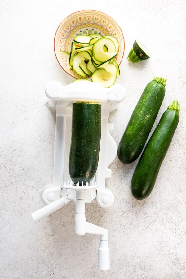 Overhead photo of a Sprializer making Zucchini Ribbons 