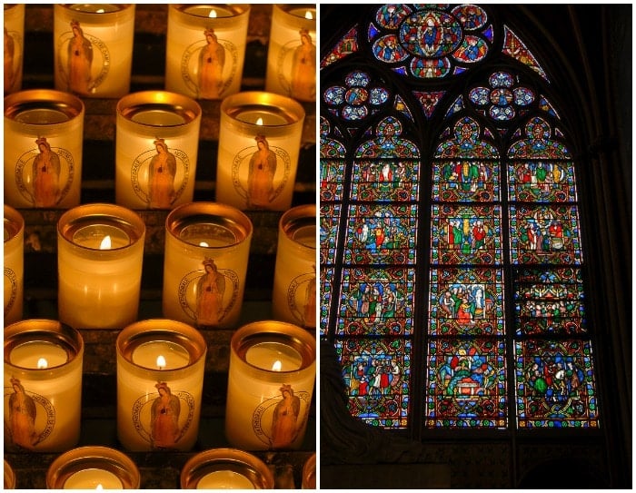 Notre Dame Cathedral Paris prayer candles stained glass window 