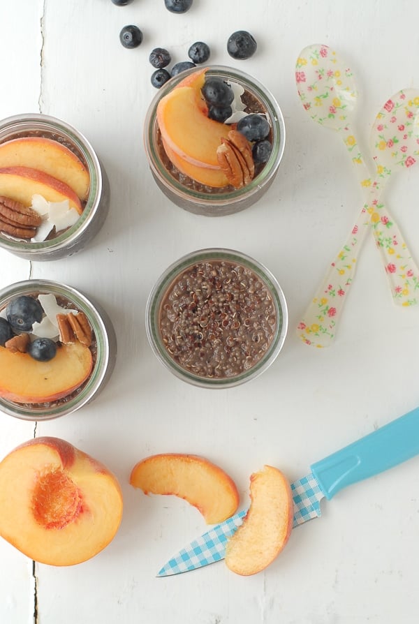 Overnight Quinoa Chia Chocolate Breakfast Pudding with peach slices