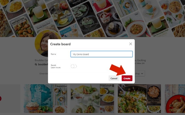 How to Create a Pinterest Board Step 2 screenshot - saving the board