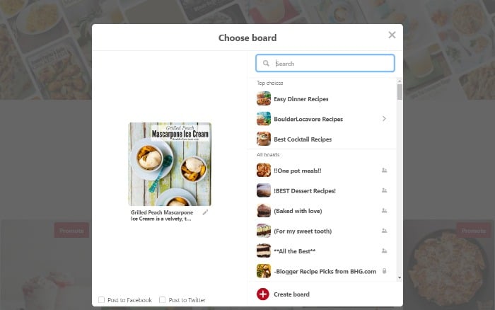 Selecting a Board for a new Pinterest Pin