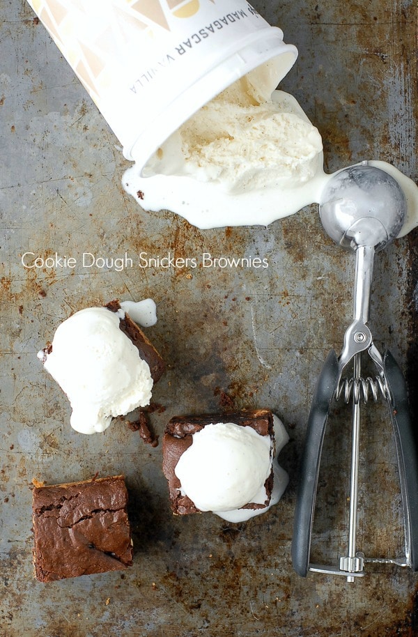 Cookie Dough Snickers Brownies - with vanilla ice cream