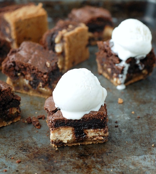 Cookie Dough Snickers Brownies - with vanilla ice cream 