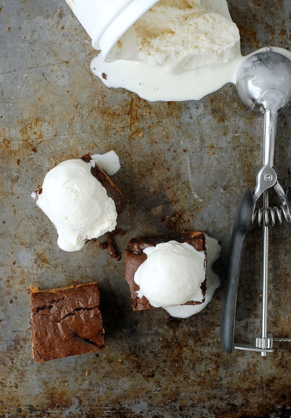 Cookie Dough Snickers Brownies - with vanilla ice cream 