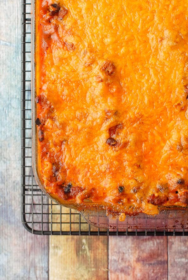 Mexican Lasagna in pan quareter