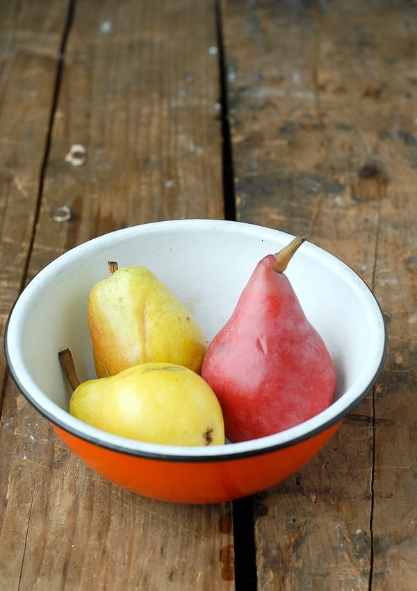Mixed Pears in Orange Enamel Bowl 