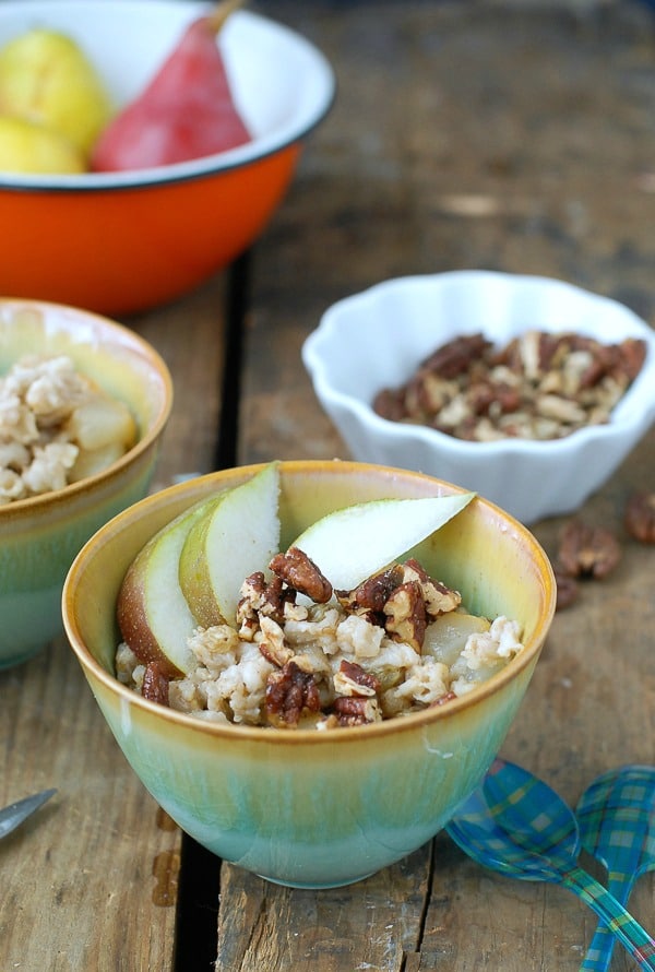 Pear-Ginger Oatmeal with Candied Maple Pecans 