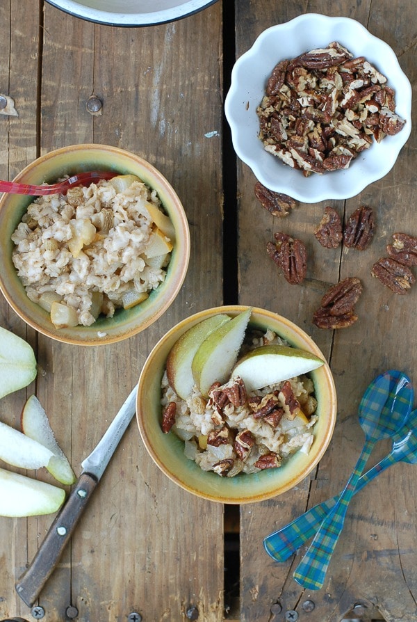 Pear-Ginger Oatmeal with Candied Maple Pecans 