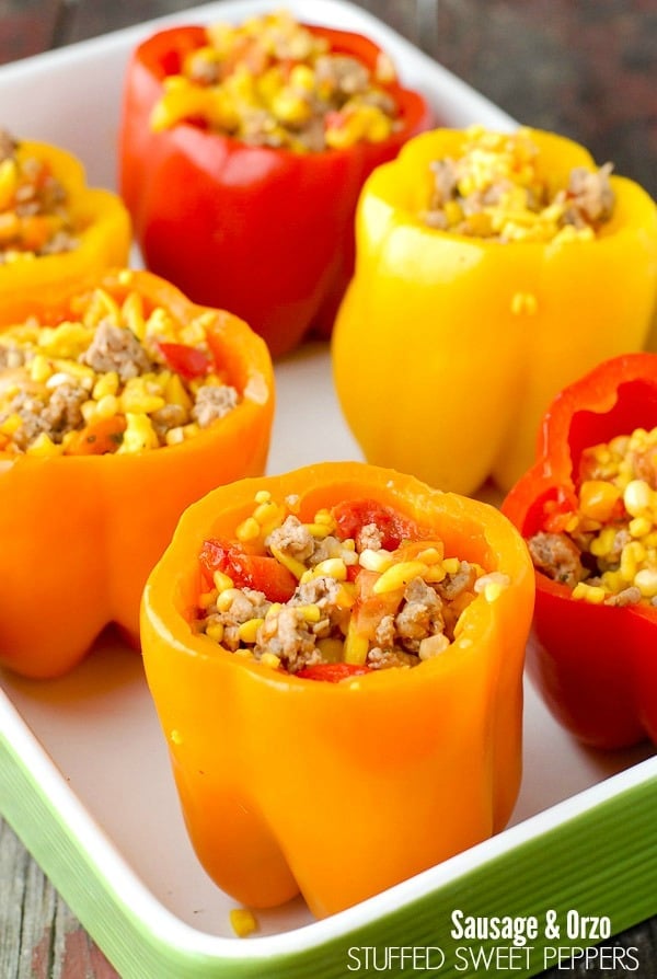 Colorful and healthy gluten-free Sausage and Orzo Stuffed Sweet Peppers 