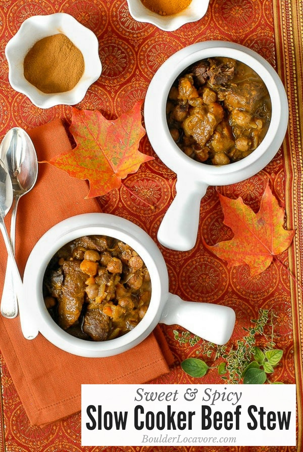 Sweet & Spicy Slow Cooker Beef Stew in white bowls (title)