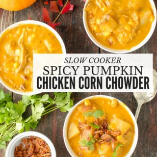 Three bowls of Slow Cooker Spicy Pumpkin Chicken Corn Chowder with cilantro and bacon garnish