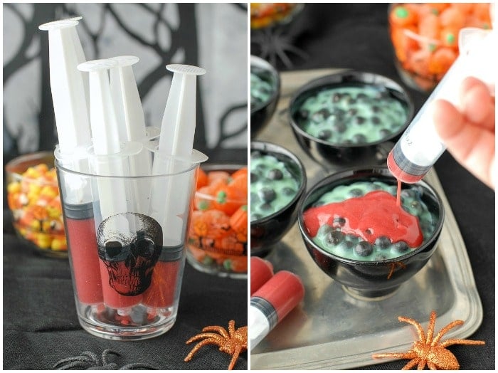 \'Blood\' syringe with Creepy Spider Egg Pudding 