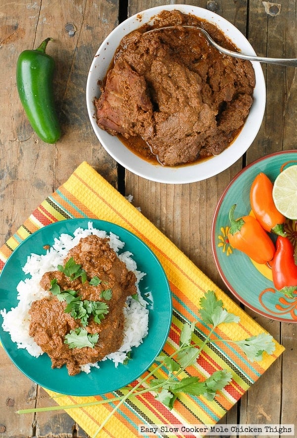 Easy Slow Cooker Mole Chicken Thighs with rice