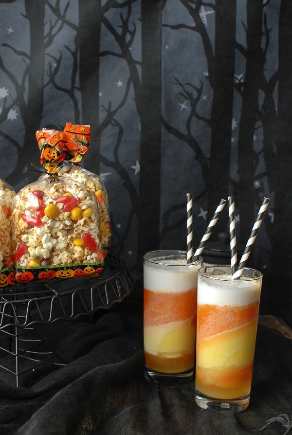 Orange-flavored Kettle Corn Halloween Treat Mix and Tropical Candy Corn Smoothies