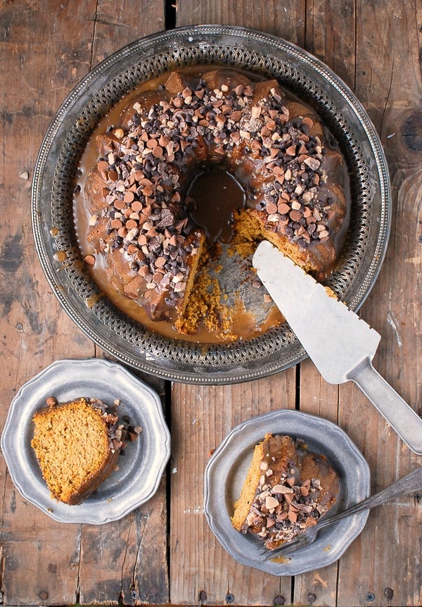 Pumpkin Spice Buttermilk Bundt Cake with Dark Salted Caramel Glaze 