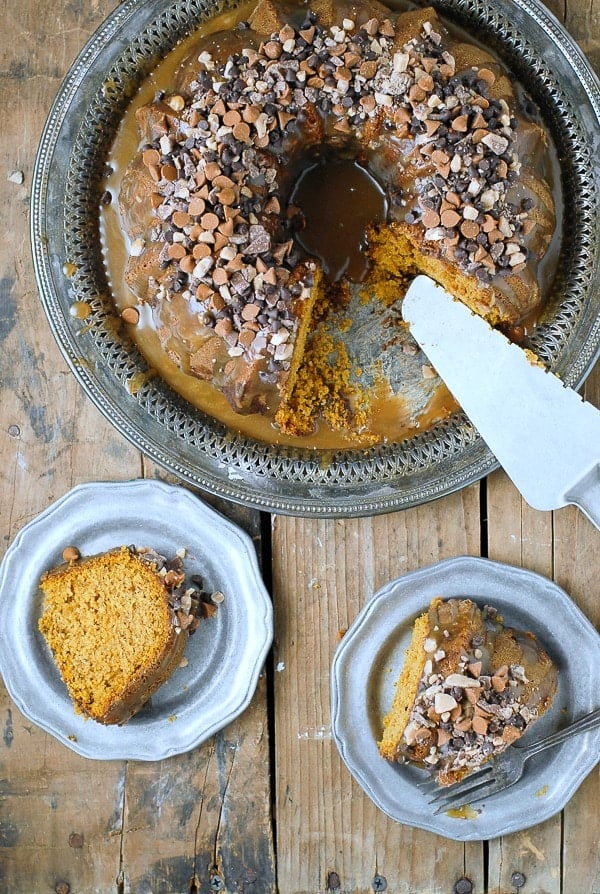 Pumpkin Spice Buttermilk Bundt Cake with Dark Salted Caramel Glaze 