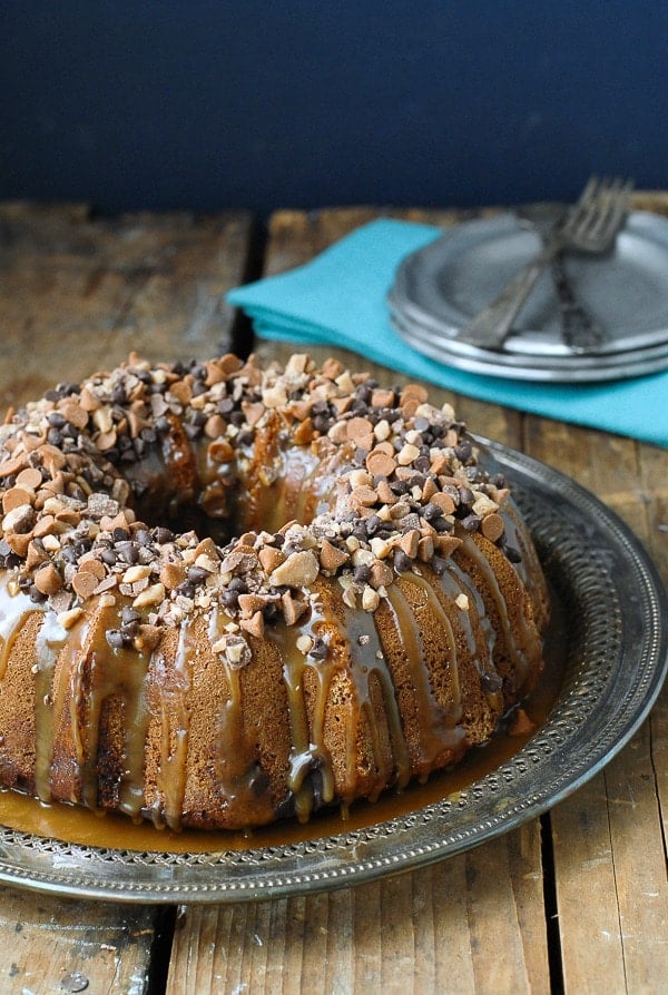 Pumpkin Spice Buttermilk Bundt Cake with Dark Salted Caramel Glaze