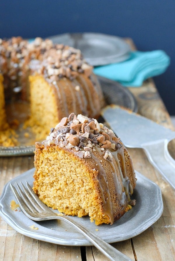 Pumpkin Spice Buttermilk Bundt Cake with Dark Salted Caramel Glaze piece 