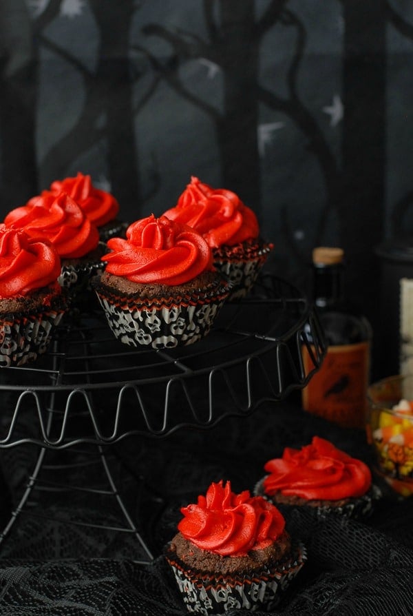 halloween scene with Gluten-Free Red Devil Cupcakes {Devil\'s Food cupcakes with Red Hots Cinnamon Buttercream Frosting}